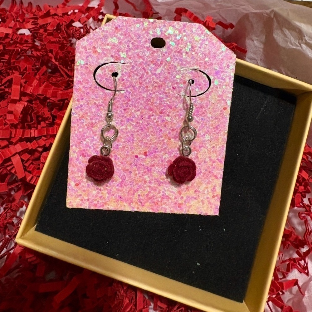 Elegant Rose Dangle Earrings in Red - Picture 3 of 3